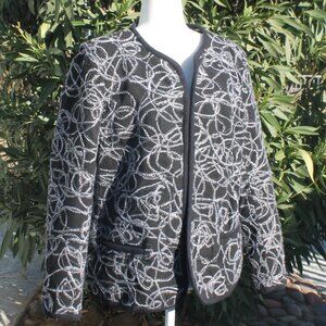 SERENGETI Black Jacket Woman Size Large White Scroll Pattern Open Front Glitter